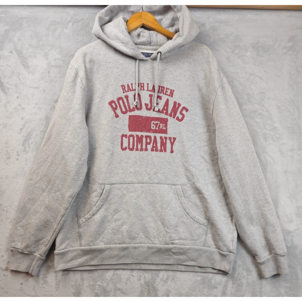 Vintage Polo Jeans Co Ralph Lauren Mens XXL Fleece Hoodie Spellout Pullover Gray